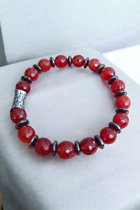 Kırmızı Akik Bileklik Faset Kesim Orijinal Gerçek Hakiki Akik Taşı Bileklik 10 mm