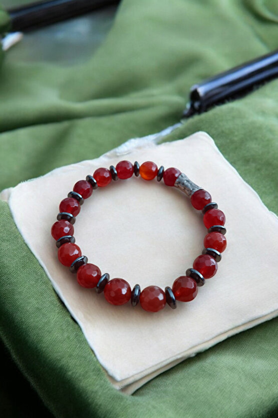 Kırmızı Akik Bileklik Faset Kesim Orijinal Gerçek Hakiki Akik Taşı Bileklik 10 mm