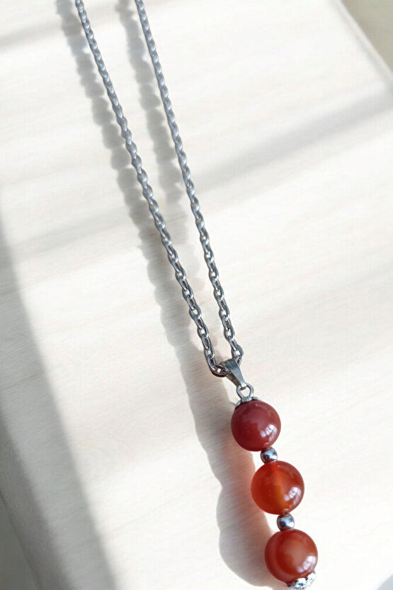 Kırmızı Akik kolye doğal taş kolye zincirli kadın kolye hediyelik kolye 10 mm