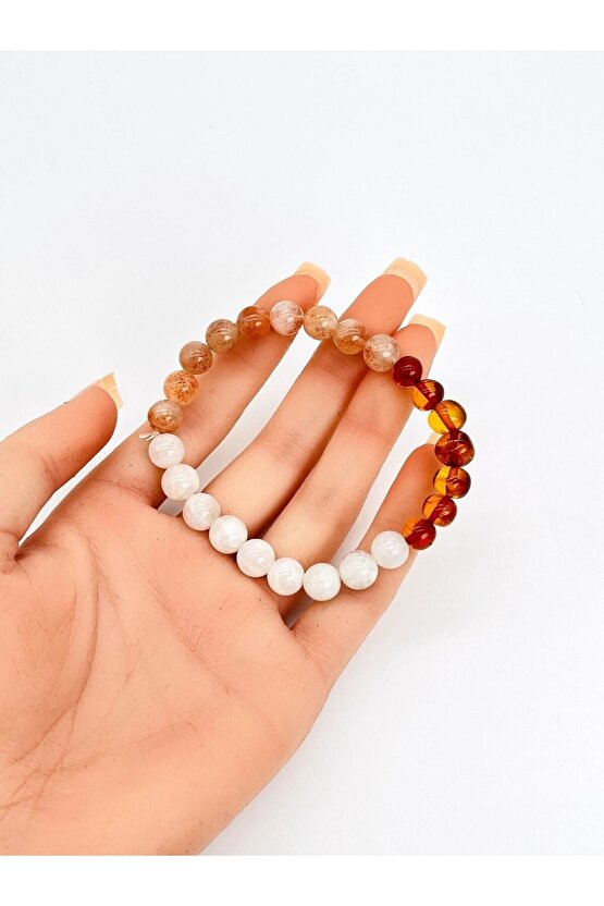 Sertifikalı Kehribar & Ay Taşı - Güneş Taşı Doğal Taş Özel Tasarım Bileklik 8 Mm