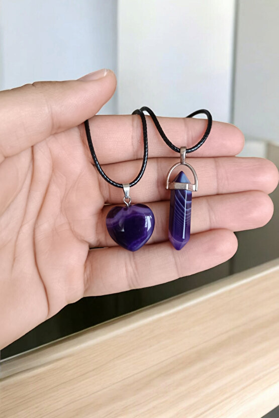 Mor Akik Taşı Kolye 2 Adet Özel Model Hediyelik Eşya Sevgili Kolye Çift Sevgili Kolyesi 2 Adet Kolye