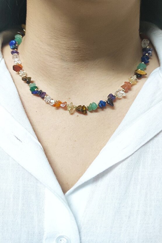 7 Çakra Doğal Kırıktaş Kolye Altın Kaplamalı Boncuk