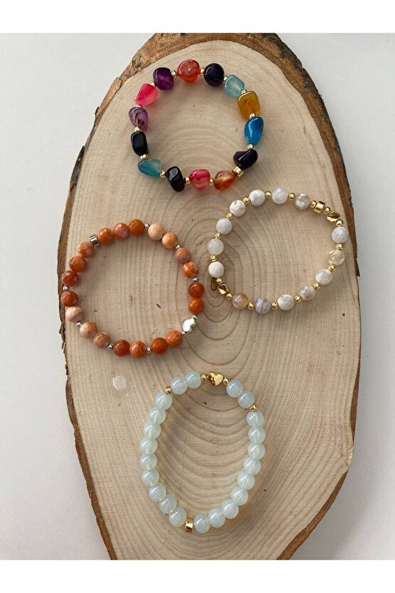 Ay Taşı-Faset Akik-Akik Taşlarından 4 lü Doğal Taş Bileklik