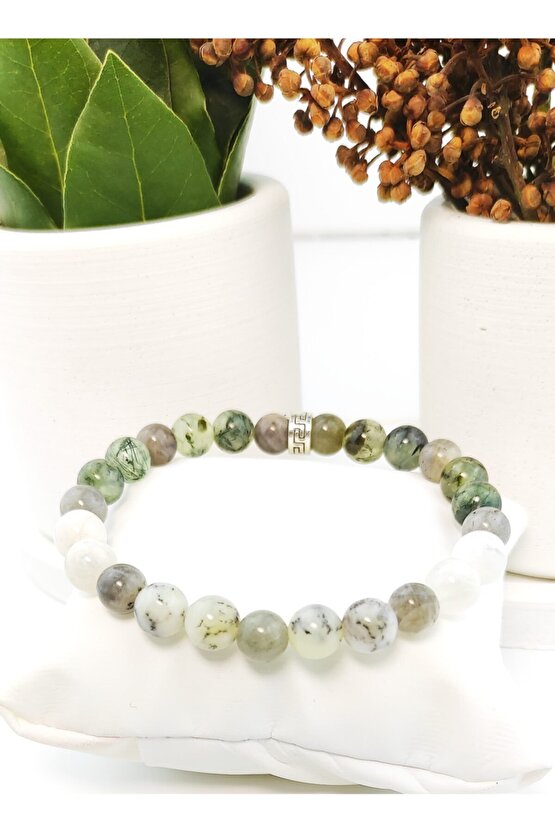Prehnit Dentrit Opal Labradorit Aytaşı Elastik Bileklik 8 Mm