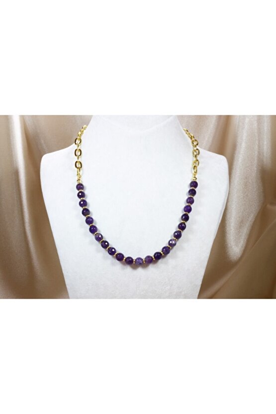 Altın Kaplama Zincirli Faset Kesimli Ametist Tasarım Kolye