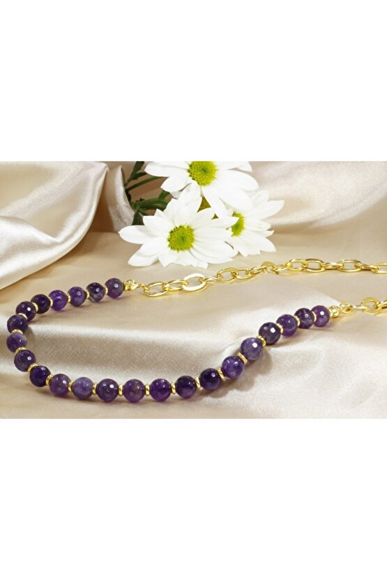 Altın Kaplama Zincirli Faset Kesimli Ametist Tasarım Kolye