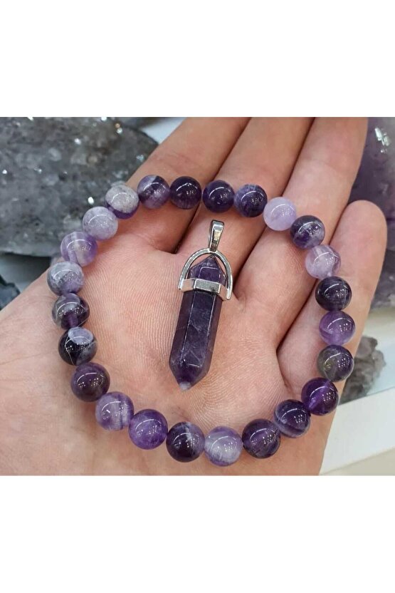ametist 8mm doğal taş bileklik kolye ucu hediyeli