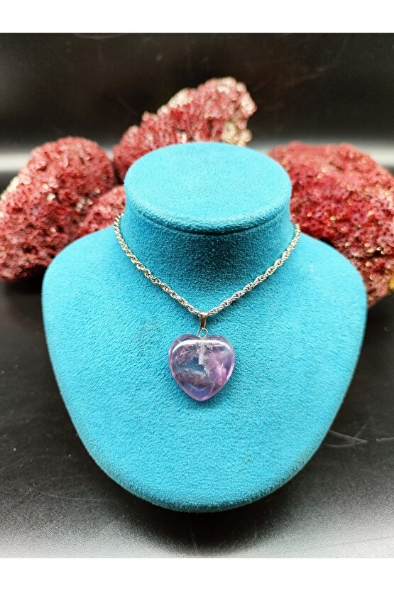 Ametist Doğal Taş Kalp Kolye Ucu (sertifikalı) (47 Cm Zincir Dahil)