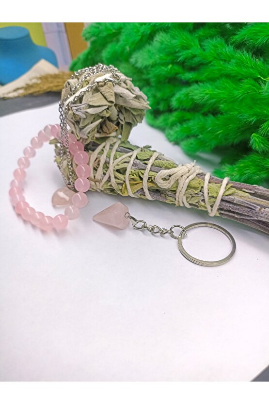 ÇİFT TÜTSÜLÜ PEMBE KUVARS DOĞAL TAŞ SET (SERTİFİKALI)