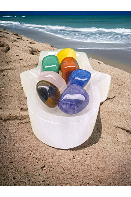 Selenit Fatma Ana Eli Kase Arındırma Taşı VE ÇAKRA SET TIMBIL(SERTİFİKALI)