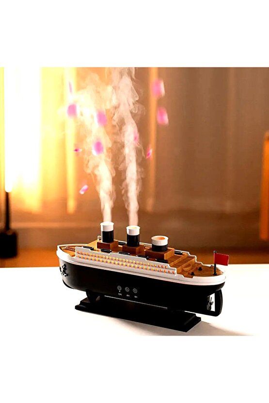ODA HAVA NEMLENDİRİCİ AROMA DİFİZÖR HUMUDİFİER GEMİ ŞEKLİNDE RGB LED IŞIKLI BUHAR MAKİNESİ