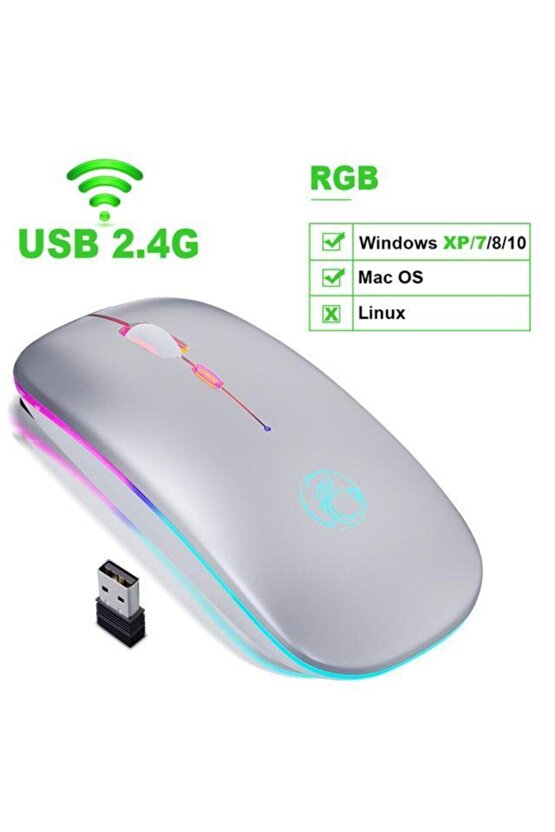 Rgb Led Işıklı Şarjlı Kablosuz Mouse Sessiz 2.4 Ghz Usb Wireless 800-1200-1600 Ayarlanabilir Dpi