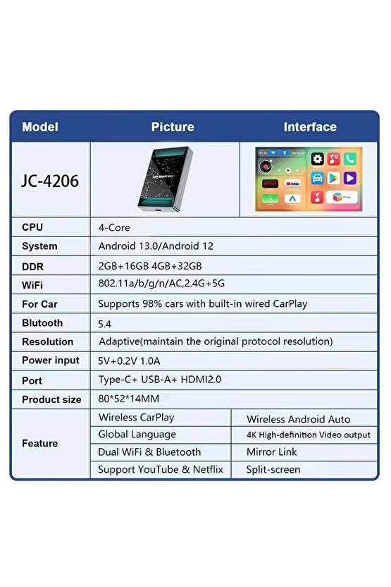 Kablosuz Carplay Android Auto Box Türkçe Dil 2 Gb Ram 16 Gb Rom 3 in 1 Wifi Hdmi Bt