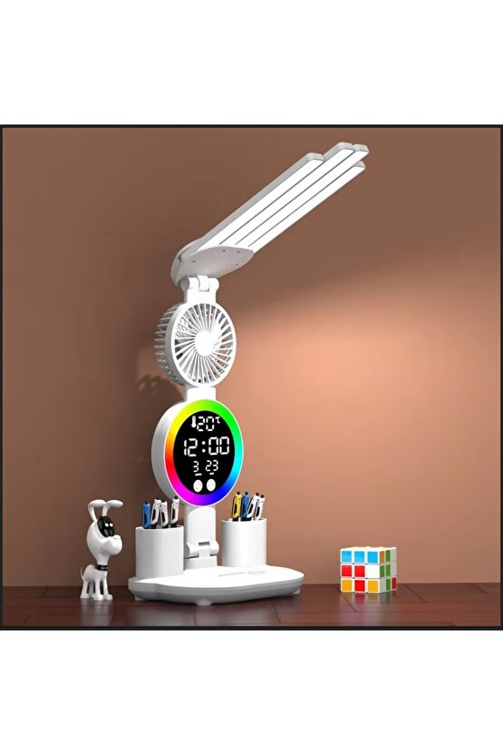 ÇOK FONKSİYOKLU MASA LAMBASI RGB LED IŞIKLI SAAT TAKVİM DERECE VANTİLATÖR KALEMLİK