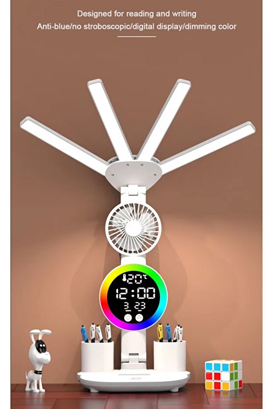 ÇOK FONKSİYOKLU MASA LAMBASI RGB LED IŞIKLI SAAT TAKVİM DERECE VANTİLATÖR KALEMLİK