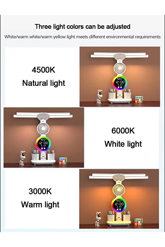 ÇOK FONKSİYOKLU MASA LAMBASI RGB LED IŞIKLI SAAT TAKVİM DERECE VANTİLATÖR KALEMLİK