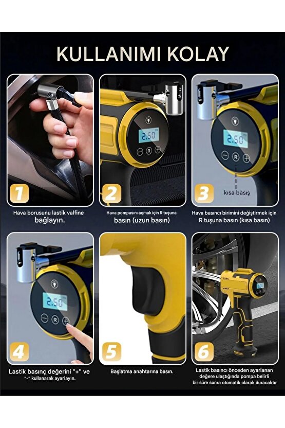 Dijital LCD Ekranlı 3600mAh 150 psi Hava Kompresörü Powerbank Özellikli Araç Lastik Şişirme Pompası