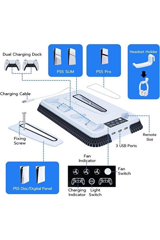 PS5 İÇİN SOĞUTMA STANDI ÇİFT KOL ŞARJ RGB LED IŞIKLI 3 USB GİRİŞLİ SLİM PRO UYUMLU STAND