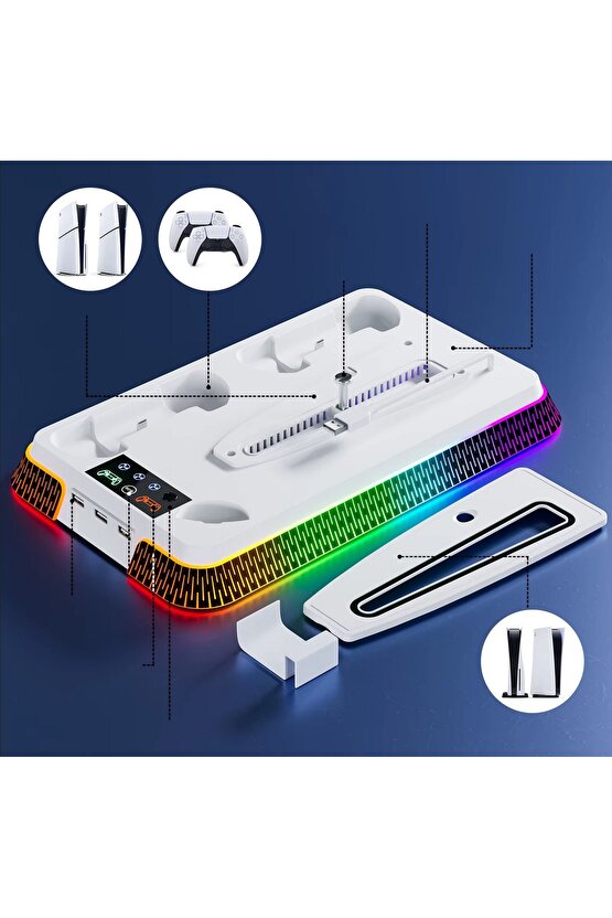 PS5 İÇİN SOĞUTMA STANDI ÇİFT KOL ŞARJ RGB LED IŞIKLI 3 USB GİRİŞLİ SLİM PRO UYUMLU STAND