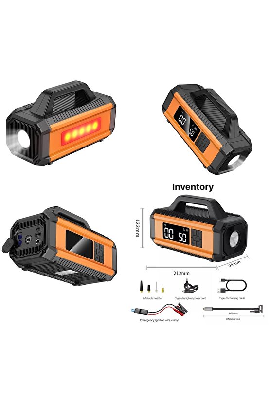 ACİL AKÜ TAKVİYE MARŞ MOTORU START 10000MAH 12V 150PSİ LASTİK ŞİŞİRME POMPASI POWERBANK LED LAMBA