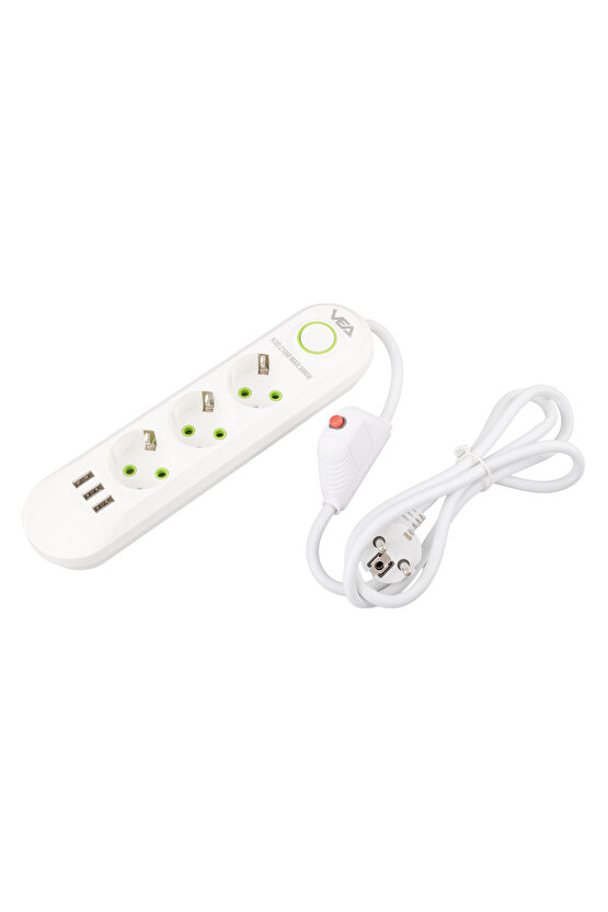 Va-21558 3lü 1.5 Metre Kablo Shopzumlu 3 Usbli Beyaz Shopzum Akim Korumali Priz