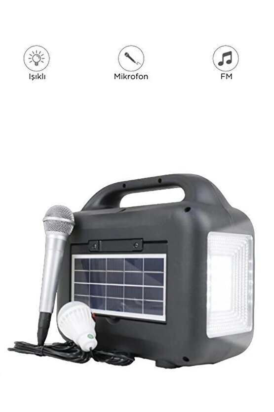 MİKROFONLU BLUETOOTH HOPARLÖR GÜNEŞ ENERJİLİ KAMP LAMBASI POWERBANK FM-SD KART-USB GİRİŞLİ ŞARJLI