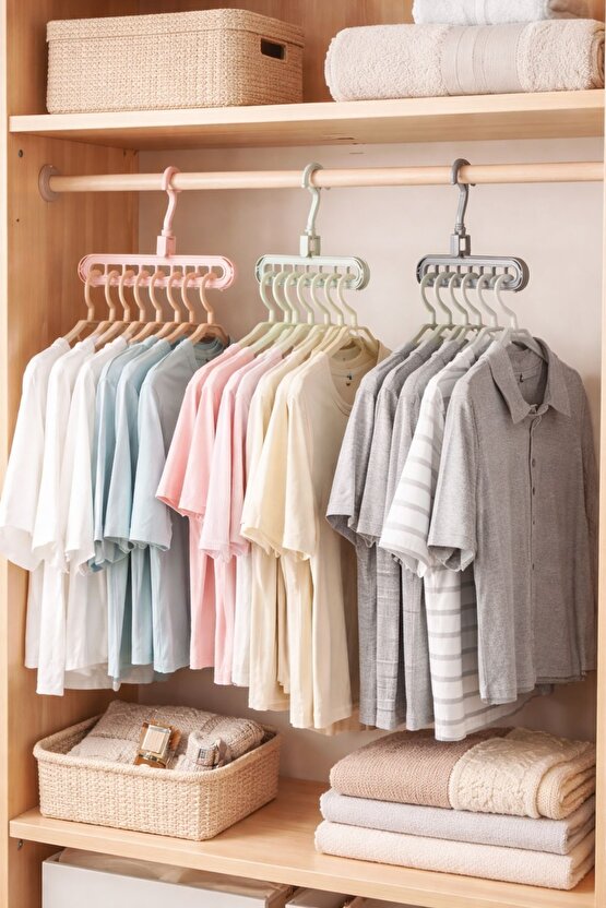 5 Adet Pastik 9 Gözlü Pratik Döner Başlıklı Elbise Tşört Askısı Gardırop Organizer