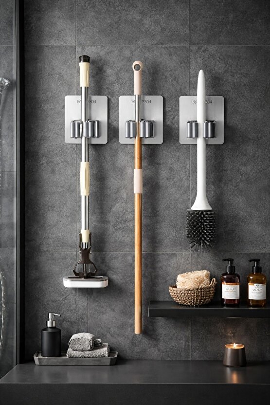 Paslanmaz Çelik Yapışkanlı Mop Tutucu | Klipsli Paspas Tutucu | Banyo Mutfak Temizlik Organizer