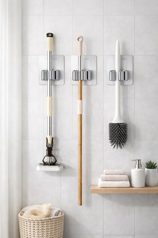 Paslanmaz Çelik Yapışkanlı Mop Tutucu | Klipsli Paspas Tutucu | Banyo Mutfak Temizlik Organizer