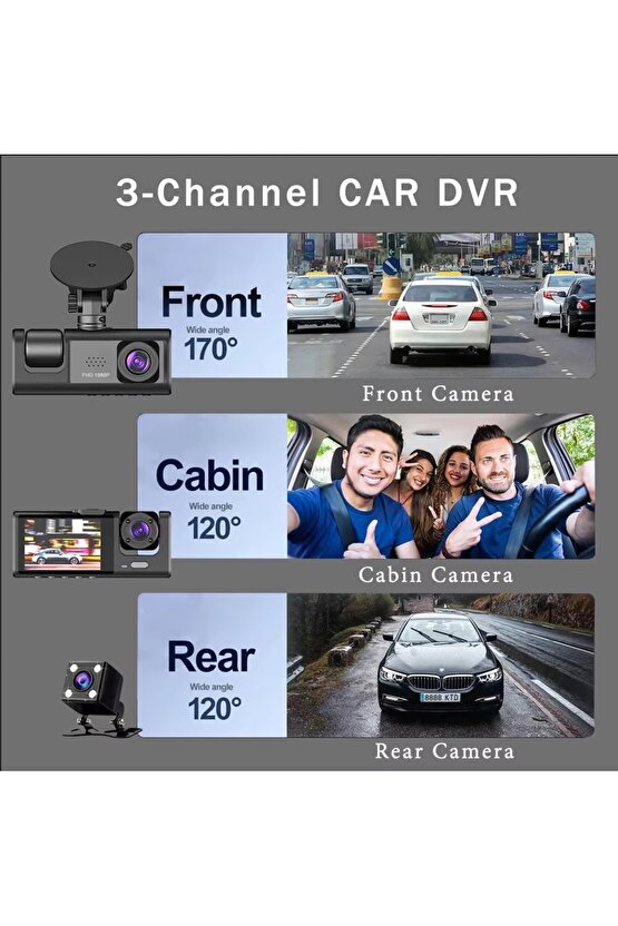 WİFİ Lİ 3 KAMERALI ARAÇ İÇİ KAMERA KAYIT CİHAZI 3 LENS CARDVR DASH CAM ÖN İÇ VE GERİ GÖRÜŞ KAMERASI