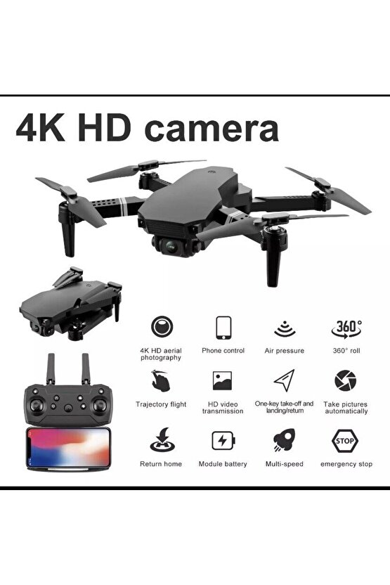 E88 DRONE 4K HD ÇİFT KAMERALI DRONE APP KONTROL WİFİ Lİ KATLANABİLİR QUATCOPTER X3 BATARYA Uyumlu