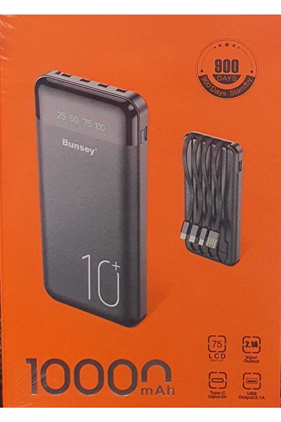 10000 Mah Powerbank Ios Android Uyumlu Lcd Ekranlı 4 In 1 Kablo Type C Mikro Usb Lightning