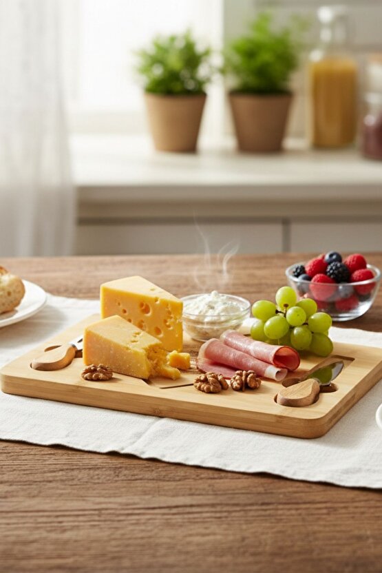 Bambu Peynir Tepsisi - Kahvaltı Bıçağı Çatalı 3ü Set (19X28.8X1.4CM )