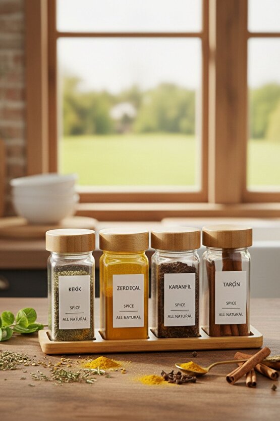 Standlı 5 Parça Bambu Kapaklı 4lü Cam Baharatlık 120 Ml Tuzluk Biberlik