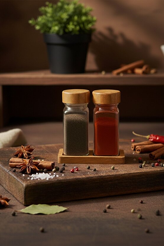 Standlı 3 Parça Bambu Kapaklı 2li Cam Baharatlık 120 Ml Tuzluk Biberlik