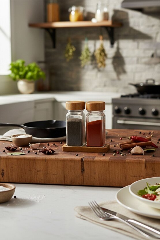 Standlı 3 Parça Bambu Kapaklı 2li Cam Baharatlık 120 Ml Tuzluk Biberlik