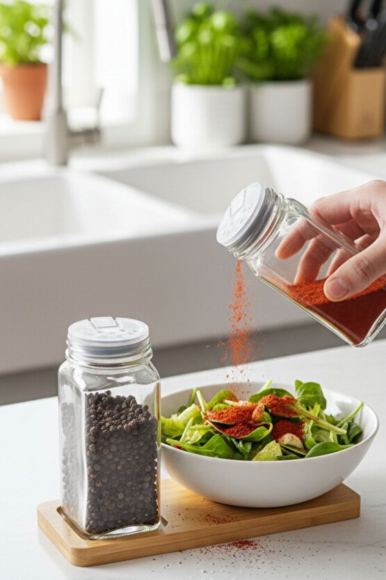 Standlı 3 Parça Bambu Kapaklı 2li Cam Baharatlık 120 Ml Tuzluk Biberlik