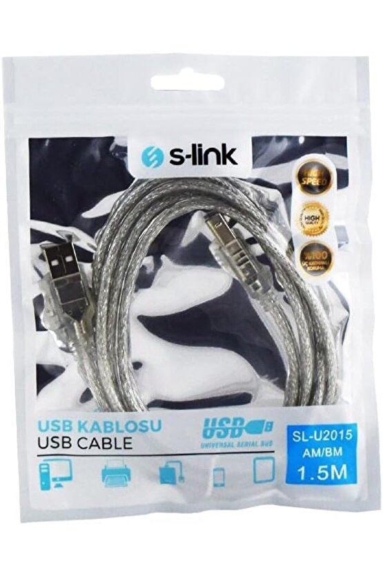 S-Link SL-U2015 Usb2.0 1.5m Şeffaf Yazıcı Kablosu, Şeffaf 890831