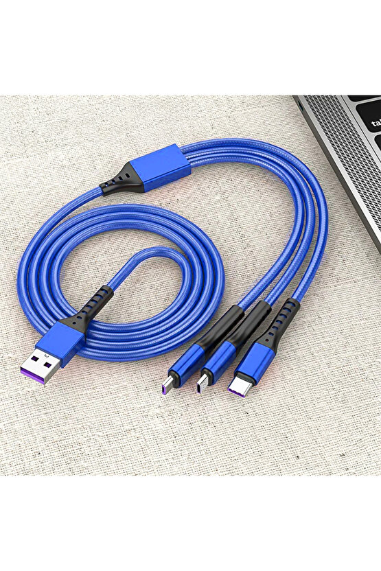 PM-26334 3 IN 1 Mavi 1.2 Metre Şarj Kablosu