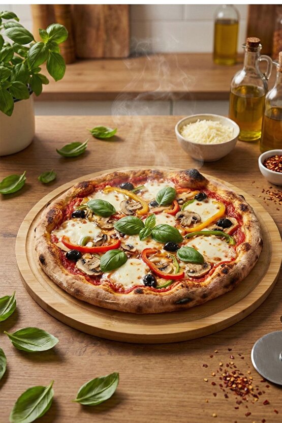 32 Cm Doğal Bambu Yuvarlak Kesme Tahtası, Sunum, Pizza ve Steak Tabağı