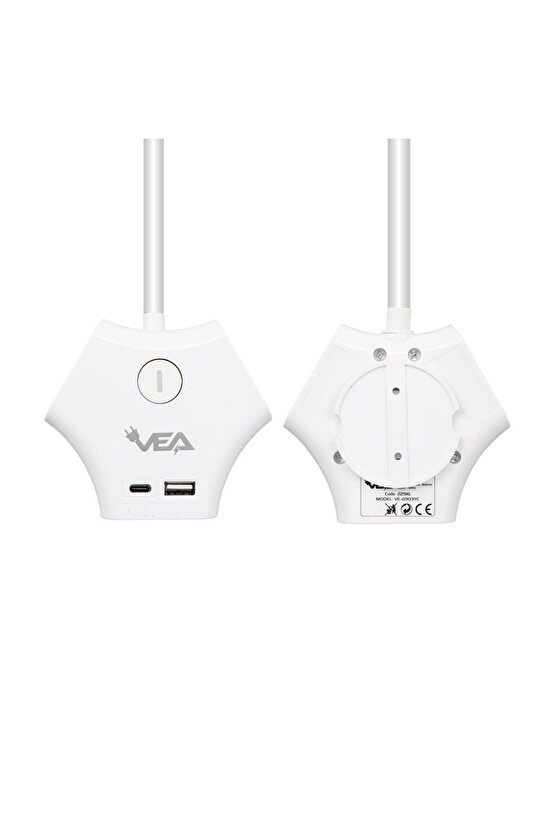 VE-G903YC 3lü USB+ Type-C Girişli Anahtarlı 1.5 Metre Grup Priz