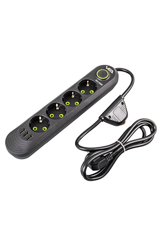 Vea Va-21559 4lü 1.5 Metre Kablolu 3 Usbli Siyah Akım Korumalı Priz