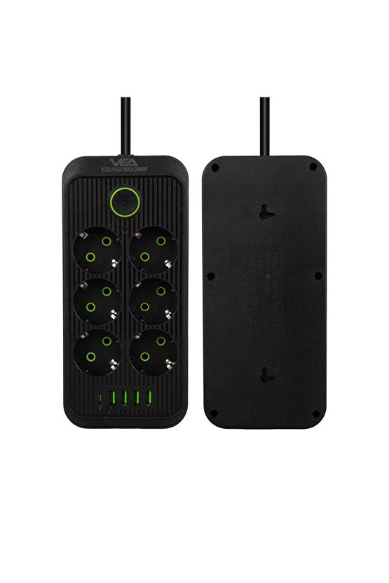 VA-21563 6LI 1.5 METRE KABLOLU TYPE-CLİ 4 USBLİ SİYAH AKIM KORUMALI PRİZ