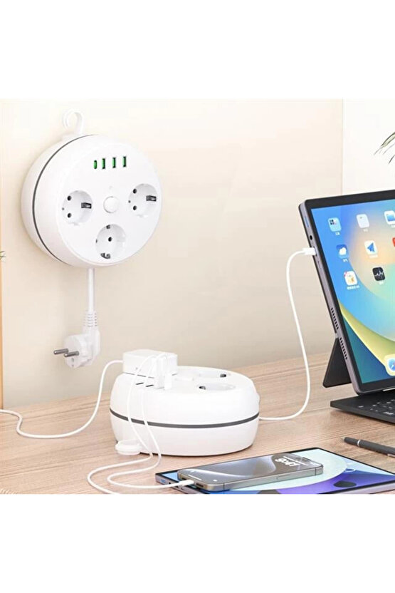 VE-26583 3LÜ 1.5 Metre Kablolu 3 USB  TYPE-C Girişli Akım Korumalı Grup Priz