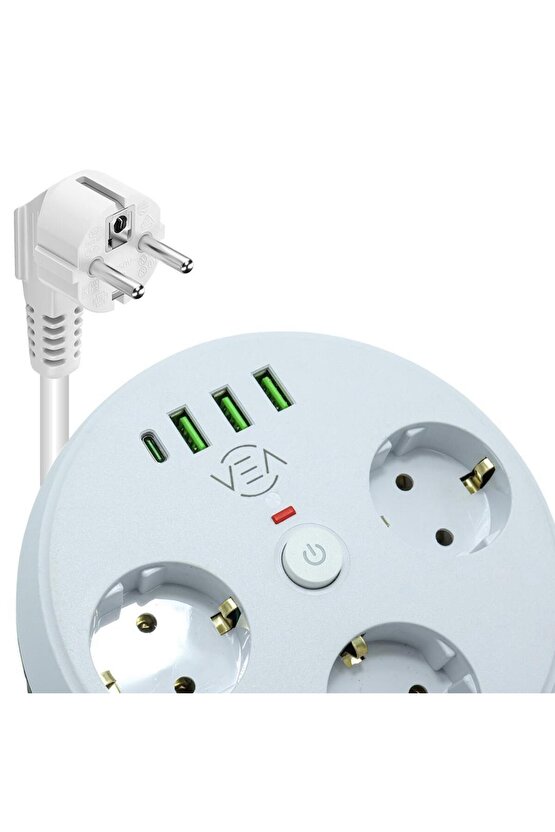 VE-26583 3LÜ 1.5 Metre Kablolu 3 USB  TYPE-C Girişli Akım Korumalı Grup Priz