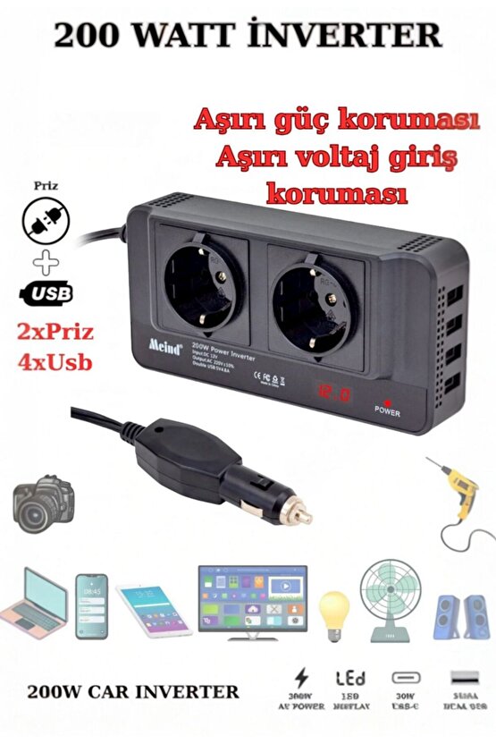 Oto Power Inverter 12V 200W – Çakmak Girişli, 4 USB Çıkışlı Dönüştürücü Adaptör