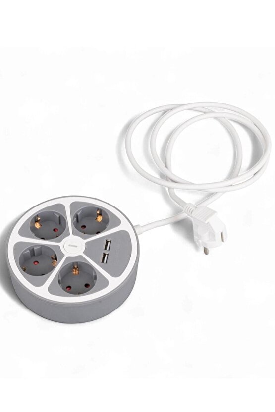 4’lü 2 USB’li Grup Priz – Anahtarlı, 1.5 Metre Kablo, Topraklı Çoklu Priz