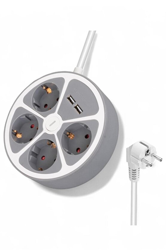 4’lü 2 USB’li Grup Priz – Anahtarlı, 1.5 Metre Kablo, Topraklı Çoklu Priz