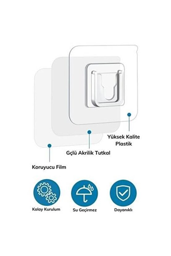 BUFFER® Eşya Sabitleme Askısı 10 Çift Şeffaf Çift Taraflı Yapışkanlı Geçmeli Klips