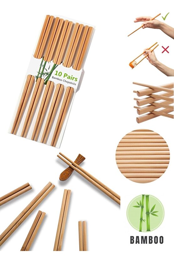 10 Çift - 20 Adet Yıkanabilir Organik Bambu Çin Yemek Çubuğu Chopsticks